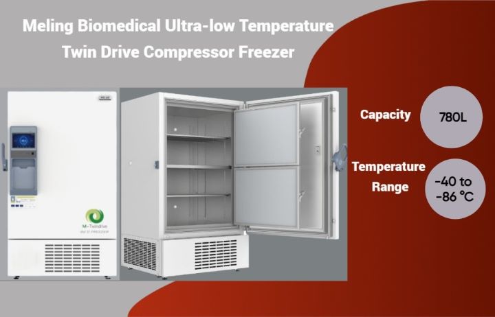 Meling Biomedical Ultra-low Temperature Twin Drive Compressor Freezer, -86°C, 780 L. Max Samples of 60,000 (24 Racks)