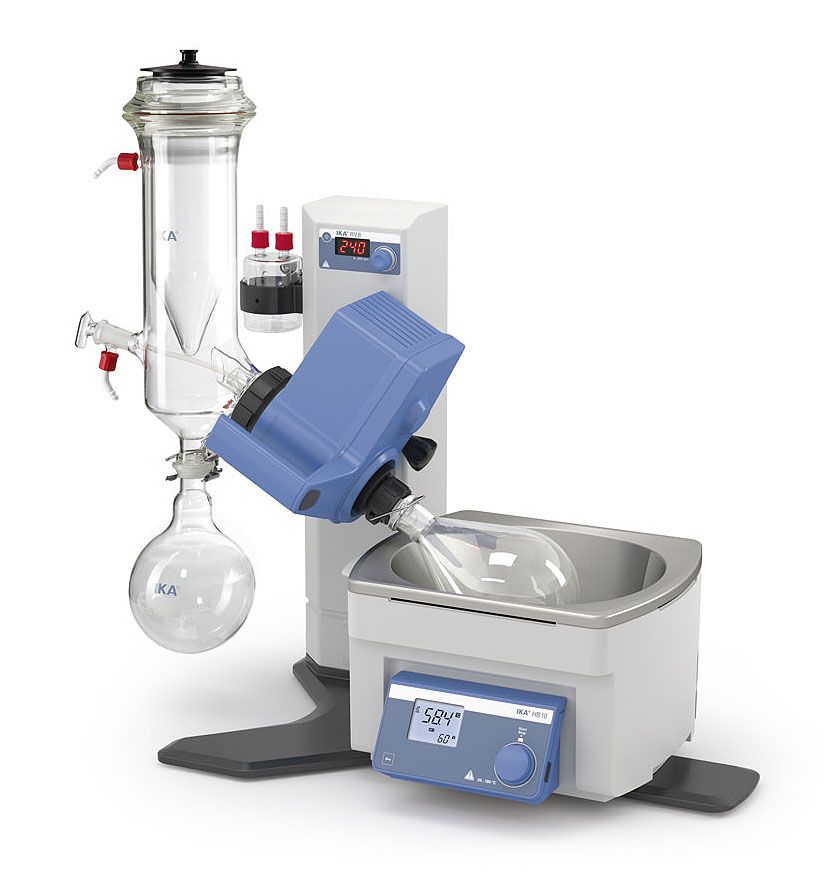 IKA Rotary evaporator RV 8, dry ice condenser, coated, Manual lift, heating Bath HB digital