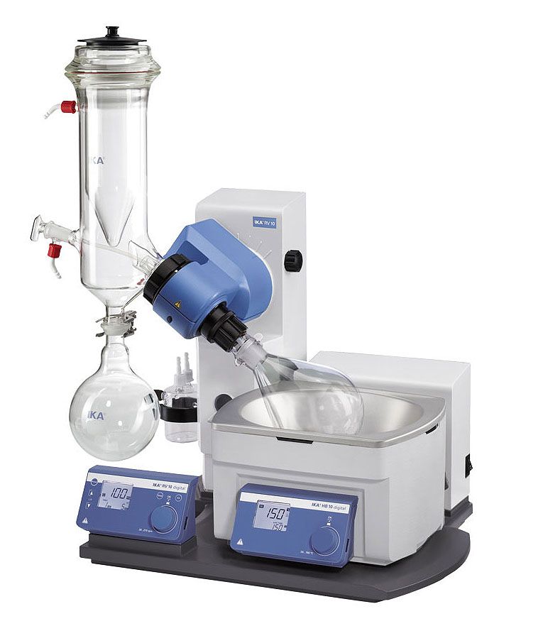 IKA Rotary Evaporator RV 10, Dry Ice Condenser, Coated, Automatic Lift, Heating Bath HB Digital