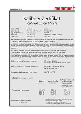 MEMMERT Calibration at MEMMERT factory for three temperature values: +37, +52, +70 °C for Incubators/Ovens