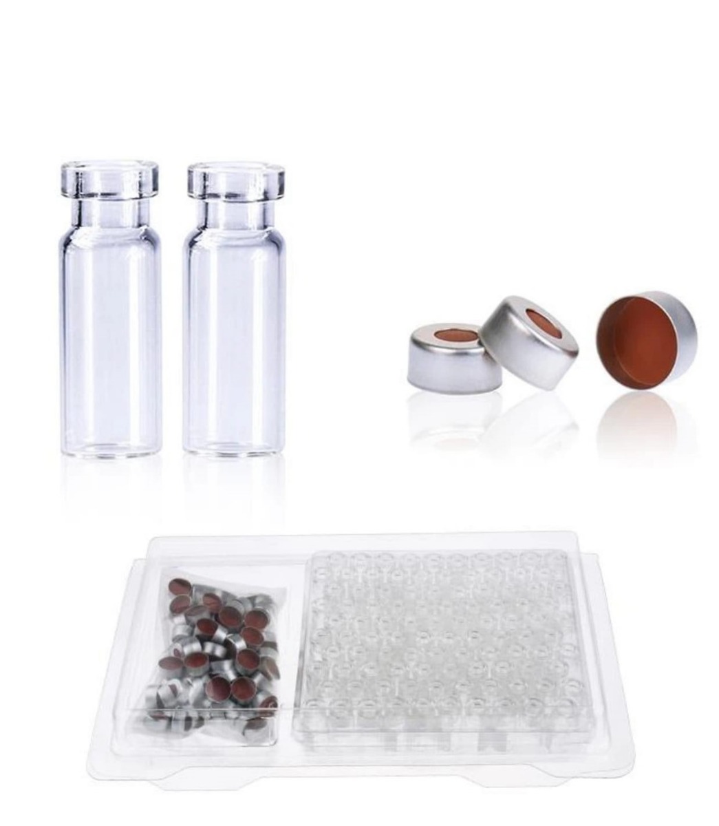 Rose 2mL Clear Glass Flat Base 11mm Crimp Vial Wide Opening. SILVER 11mm Open Top Crimp Cap with Transparent TEF/Natural Rubber red Septa 1mm Thick. Kit Packing.100pcs/pk.