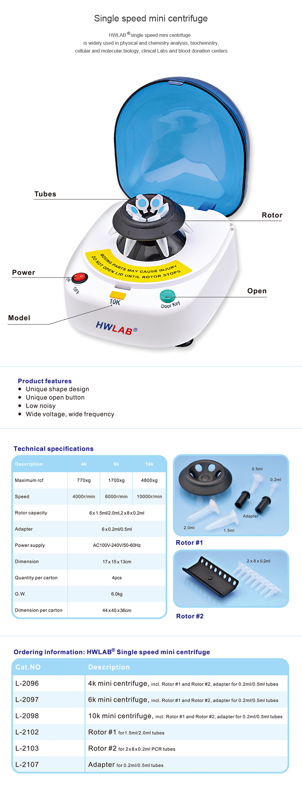 HWLAB 6K Mini-centrifuge, 6000 rpm, 1700g