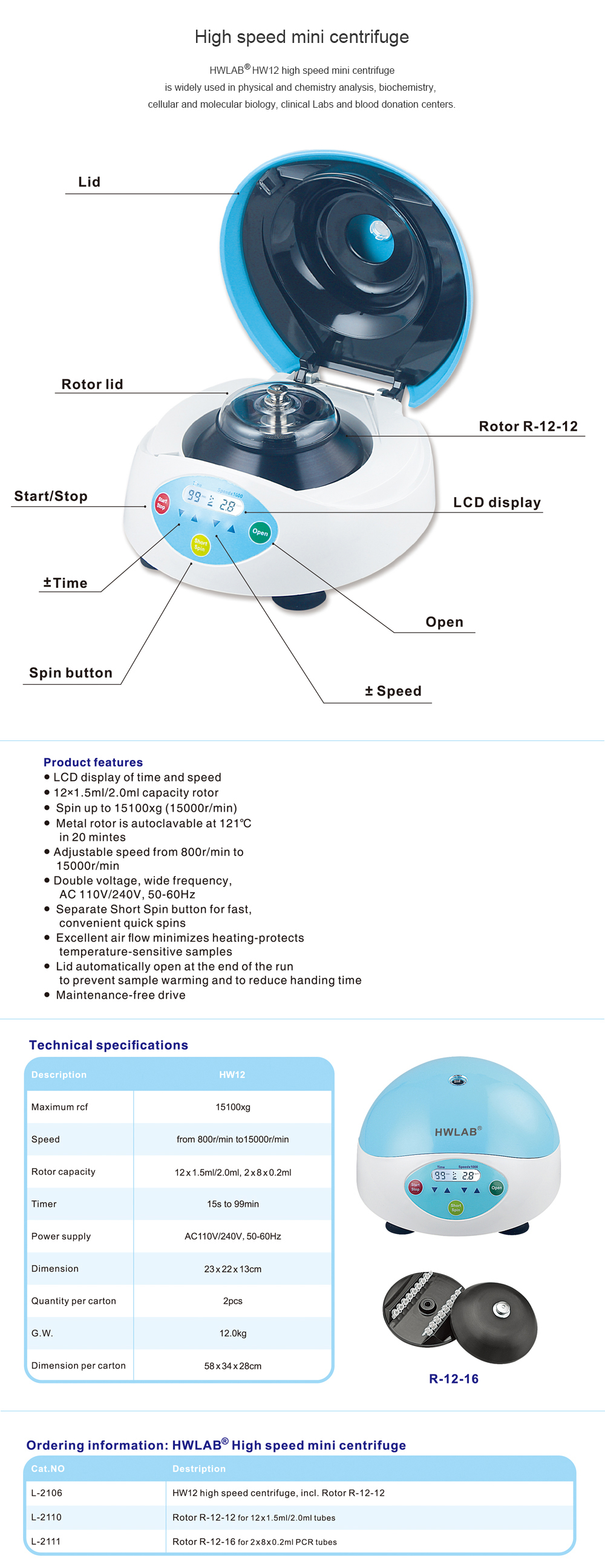 HWLAB HW12 High Speed Mini-Centrifuge, 800-15000 RPM, 15100xg