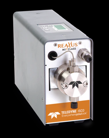 Teledyne ReaXus M1 Class Single Piston Pump; Eccentric Drive; 0.0 - 40.0 mL/min. ; 500 psi; Stainless Steel Fluid Path; Automatic Piston Wash; without Pulse Dampener; Standard Seal (stainless steel energizer); Fitting package for 1/8" and 1/16" tubing