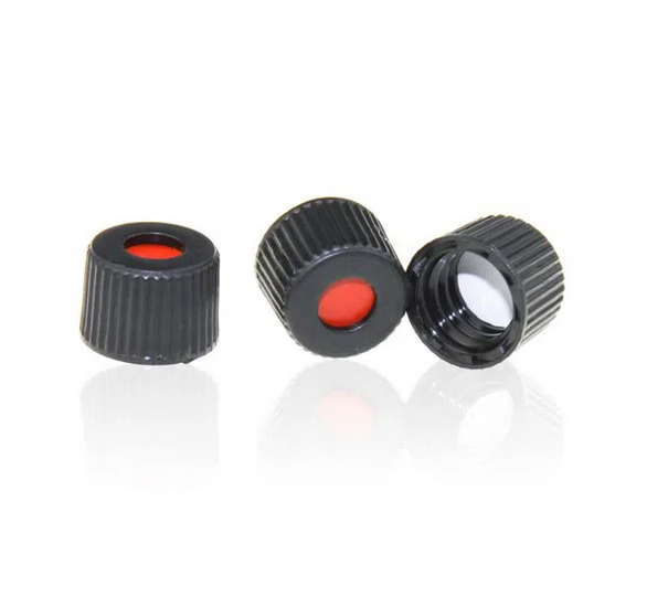 Rose Black 8-425 Open Top Screw Cap with 8mm Red PTFE/White Silicone Septa 1.5mm Thick. 100pcs/pk.