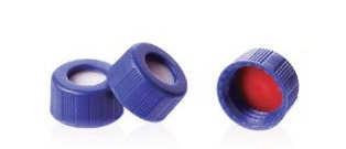 Rose Blue 9-425 Open Top Ribbed Screw Cap Bonded with 9mm Red PTFE/White Silicone Septa 1mm Thick. 100pcs/pk.