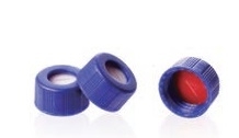 Rose Blue 9-425 Open Top Ribbed Screw Cap with 9mm Red PTFE/White Silicone Septa 1mm Thick Pre-Slit. 100pcs/pk.