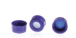 Rose Blue 9-425 Open Top Ribbed Screw Cap with 9mm Blue PTFE/White Silicone Septa 1mm Thick PRE-SLIT. 100pcs/pk.