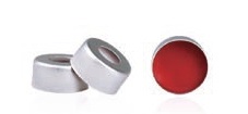 Rose Silver 11mm Open Top Crimp Cap with Red PTFE/ White Silicone Septa 1mm thick. 100pcs/pk.