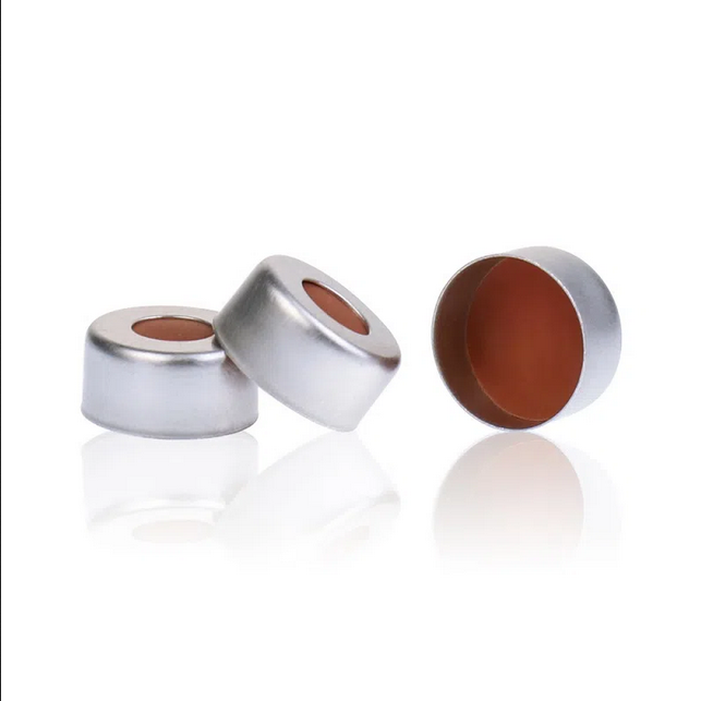 Rose Silver 11mm Open Top Crimp Cap with Transparent TEF/Natural Rubber red-orange Septa 1mm Thick. 100pcs/pk.