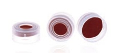 Rose Clear 11mm Open Top Snap Cap with Transparent TEF/Natural Rubber Red-Orange Septa 1mm Thick. 100pcs/pk.