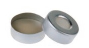 Rose 20mm Open Top Aluminum Crimp Cap (10mm hole) with 20mm Natural PTFE/White Silicone Septa 3mm Thick. 100pcs/pk.