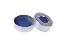 Rose 20mm Open Top Aluminum Crimp Cap (10mm hole) with 20mm Natural PTFE/Blue Silicone Septa 3mm Thick. 100pcs/pk.