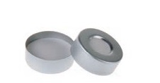 Rose 20mm Open Top Aluminum Crimp Cap (10mm hole) with 20mm White PTFE/White Silicone Septa 3mm Thick. 100pcs/pk.