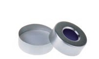 Rose 20mm Open Top Aluminum Crimp Cap (10mm hole) with 20mm White PTFE/Blue Silicone Septa 3mm Thick. 100pcs/pk.