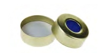 Rose 20mm Open Top Gold Magnetic Crimp Cap (10mm hole) with 20mm White PTFE/Blue Silicone Septa 3mm Thick. 100pcs/pk.