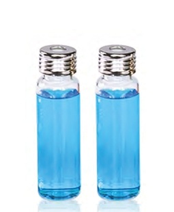 Rose 20mL Clear Glass Screw Headspace Vial 22.5*75mm 18mm Silver Color Open Top Metal Cap (8mm Hole) with 17.5mm Blue PTFE/White Silicone Septa 1.5mm Thick Vial Cap Septa are Pre-Assembled Together. 100pcs/pk.