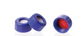 Rose Blue 9-425 Open Top Ribbed Screw Cap with 9mm Red PTFE/White Silicone Septa 1mm Thick PRE-SLIT (Ultra Clean). 100pcs/pk.